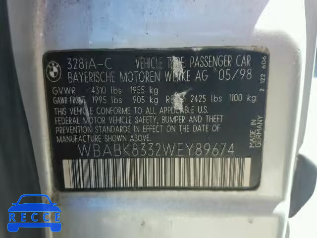 1998 BMW 328IC AUTO WBABK8332WEY89674 image 9