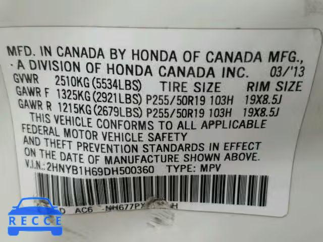 2013 ACURA ZDX 2HNYB1H69DH500360 image 9