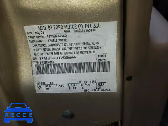 2001 FORD FOCUS ZTS 1FAHP38311W256666 image 9
