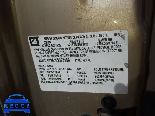 2005 PONTIAC AZTEK 3G7DA03E05S503158 image 9