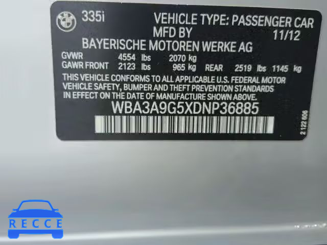 2013 BMW 335I WBA3A9G5XDNP36885 зображення 9