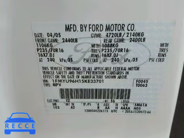 2005 FORD ESCAPE HEV 1FMYU96H15KE33701 зображення 9