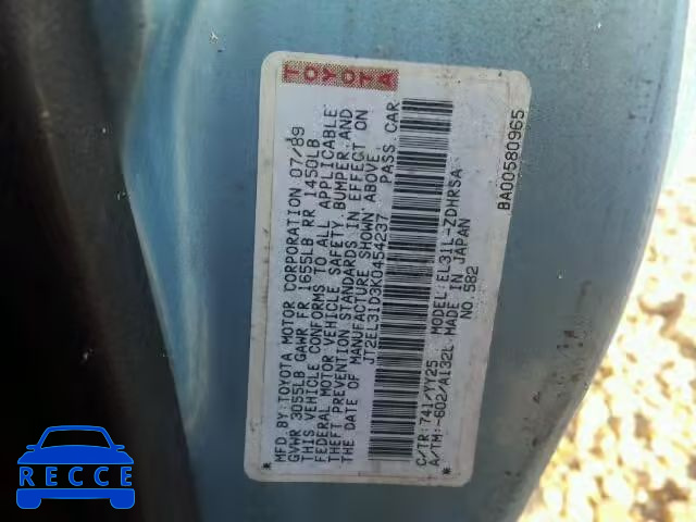 1989 TOYOTA TERCEL JT2EL31D3K0454237 image 9