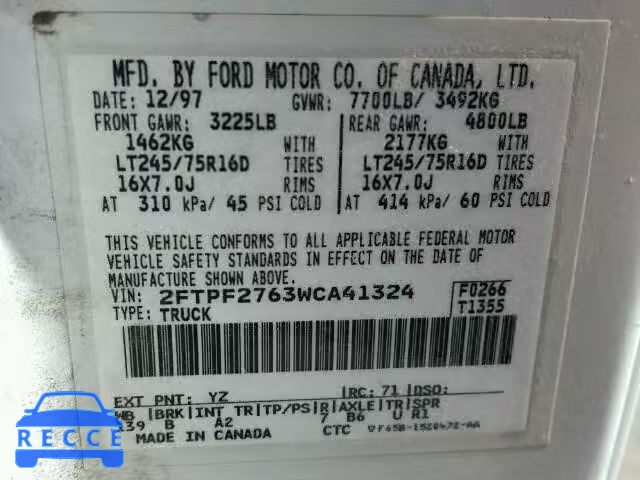 1998 FORD F250 2FTPF2763WCA41324 image 9