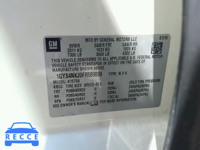 2015 CADILLAC ESCALADE P 1GYS4NKJ9FR580699 зображення 9