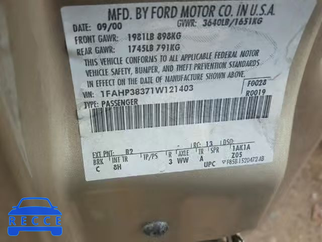 2001 FORD FOCUS ZTS 1FAHP38371W121403 Bild 9