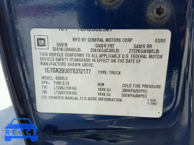 2000 GMC SIERRA K25 1GTGK29U8YE332177 image 9