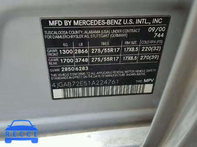 2001 MERCEDES-BENZ ML430 4JGAB72E51A224761 image 9