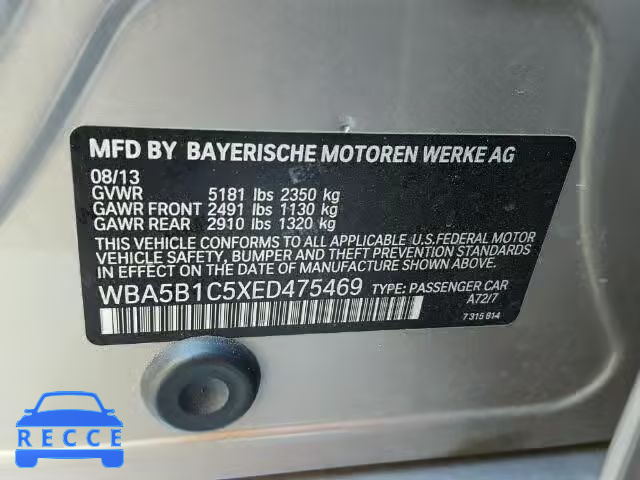 2014 BMW 535I WBA5B1C5XED475469 зображення 9