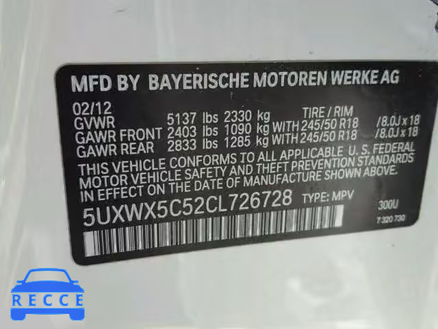 2012 BMW X3 XDRIVE2 5UXWX5C52CL726728 image 9