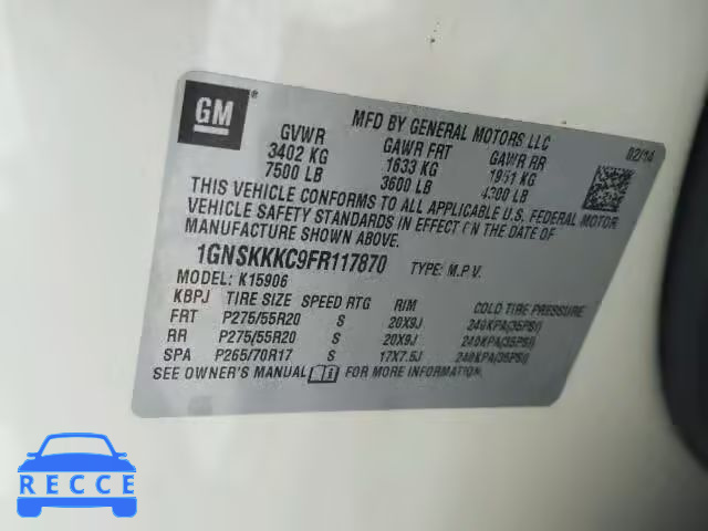 2015 CHEVROLET K1500 SUBU 1GNSKKKC9FR117870 image 9