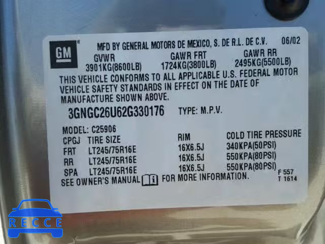2002 CHEVROLET C2500 SUBU 3GNGC26U62G330176 зображення 9