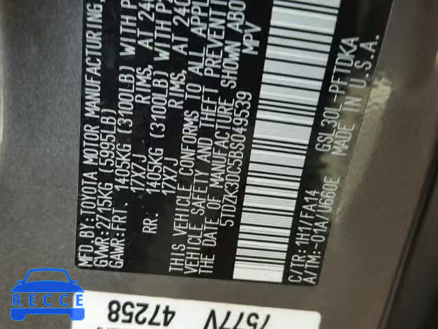 2011 TOYOTA SIENNA 5TDZK3DC5BS049539 зображення 9