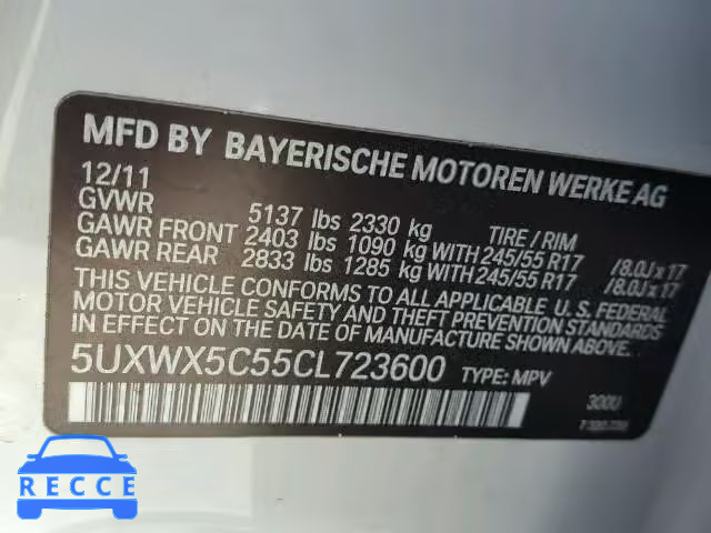 2012 BMW X3 XDRIVE2 5UXWX5C55CL723600 image 9