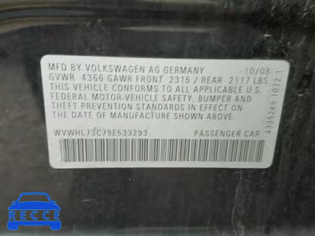 2009 VOLKSWAGEN CC LUXURY WVWHL73C79E533293 image 9