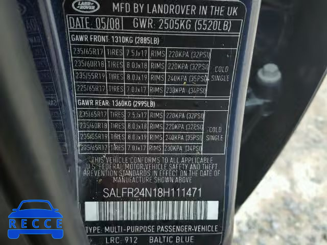 2008 LAND ROVER LR2 HSE SALFR24N18H111471 зображення 9