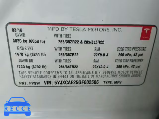 2016 TESLA MODEL X 5YJXCAE25GF002506 зображення 9