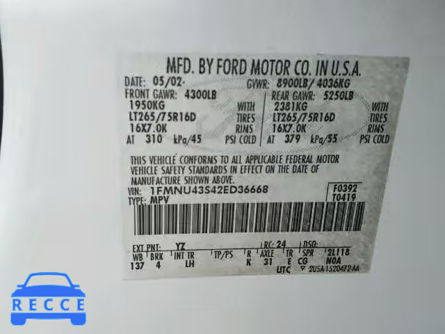 2002 FORD EXCURSION 1FMNU43S42ED36668 image 9