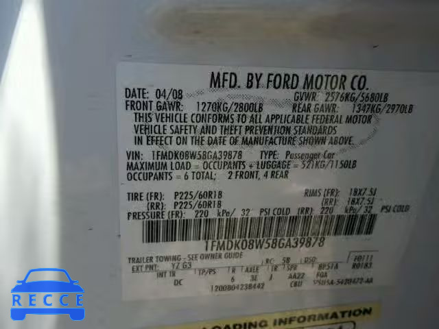 2008 FORD TAURUS X E 1FMDK08W58GA39878 зображення 9