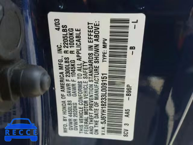 2003 HONDA ELEMENT DX 5J6YH18233L009151 image 9