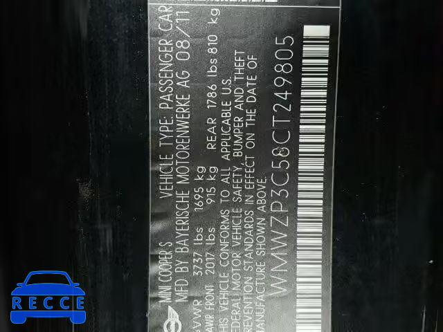 2012 MINI COOPER S WMWZP3C58CT249805 image 9