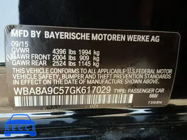 2016 BMW 320I WBA8A9C57GK617029 зображення 9
