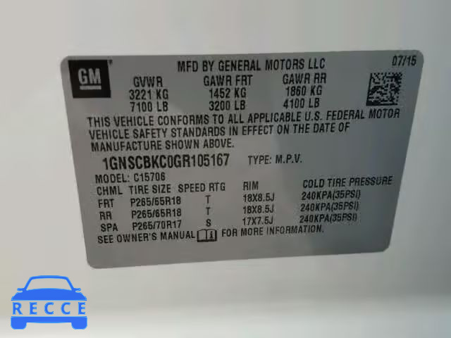 2016 CHEVROLET TAHOE LT 1GNSCBKC0GR105167 image 9