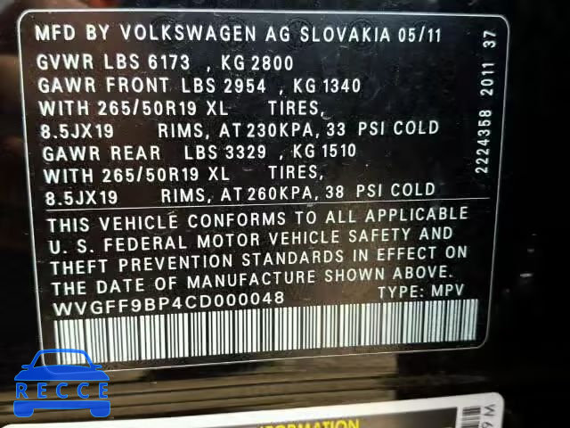 2012 VOLKSWAGEN TOUAREG V6 WVGFF9BP4CD000048 image 9