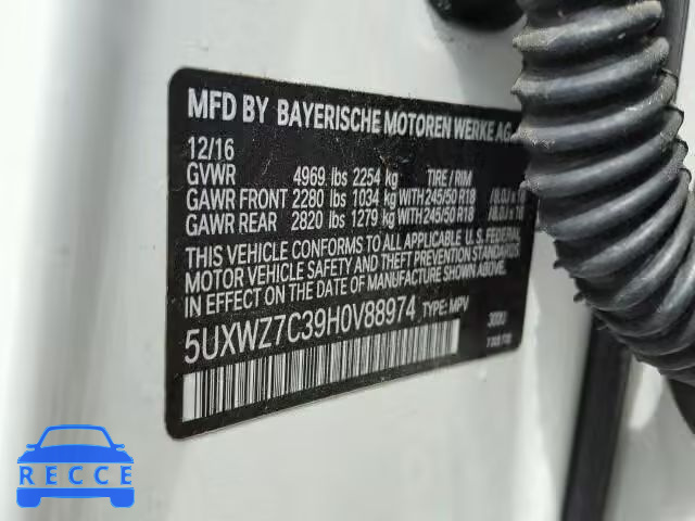 2017 BMW X3 SDRIVE2 5UXWZ7C39H0V88974 зображення 9