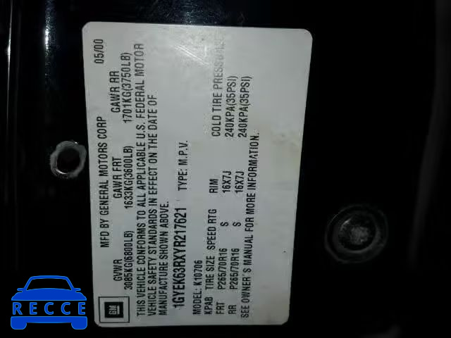2000 CADILLAC ESCALADE L 1GYEK63RXYR217621 image 9