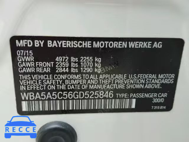 2016 BMW 528I WBA5A5C56GD525846 зображення 9