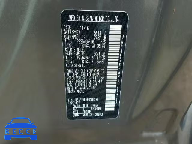 2017 NISSAN QUEST S JN8AE2KP5H9166778 image 9