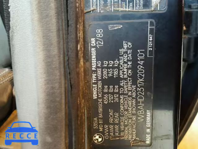 1989 BMW 535I AUTOMATIC WBAHD2317K2094101 зображення 9