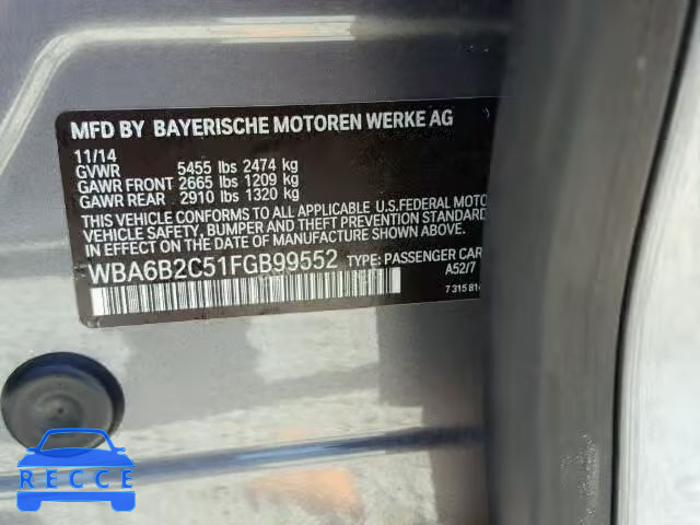 2015 BMW 650I GRAN WBA6B2C51FGB99552 зображення 9