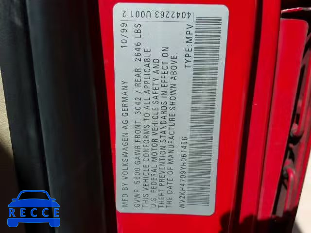 2000 VOLKSWAGEN EUROVAN GL WV2KH4709YH061456 Bild 9