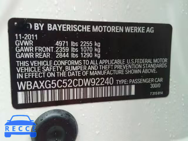 2012 BMW 528I WBAXG5C52CDW92240 зображення 9