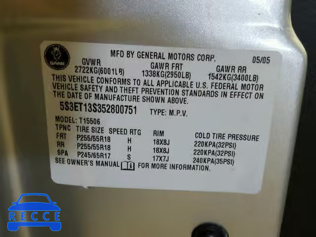 2005 SAAB 9-7X LINEA 5S3ET13S352800751 image 9