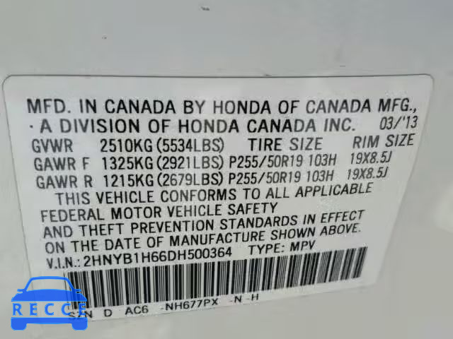 2013 ACURA ZDX 2HNYB1H66DH500364 зображення 9