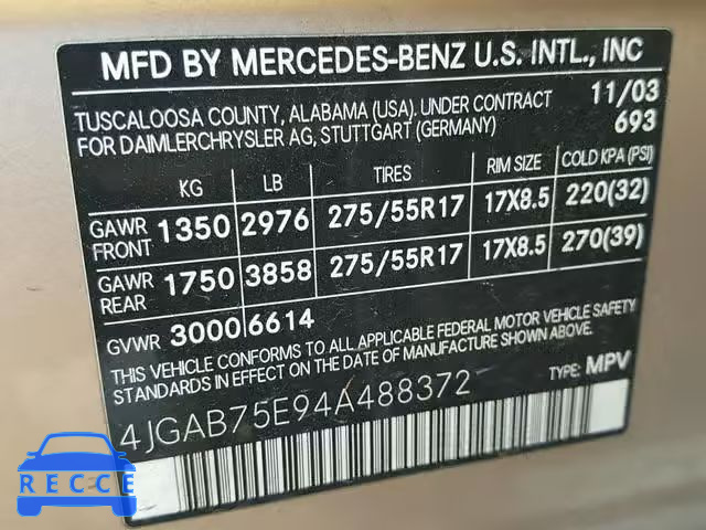 2004 MERCEDES-BENZ ML 500 4JGAB75E94A488372 Bild 9