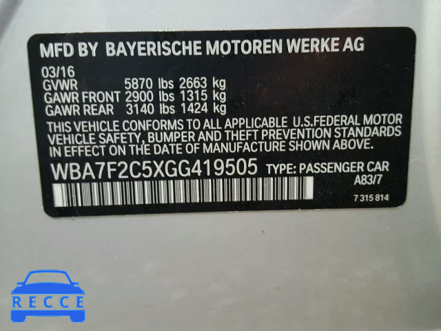 2016 BMW 750 XI WBA7F2C5XGG419505 image 9