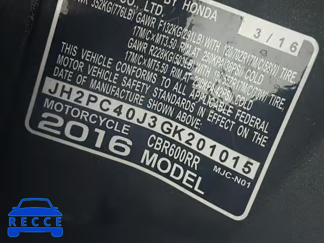 2016 HONDA CBR600 RR JH2PC40J3GK201015 image 18