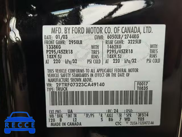 2003 FORD F150 SVT L 2FTRF07323CA49140 image 9