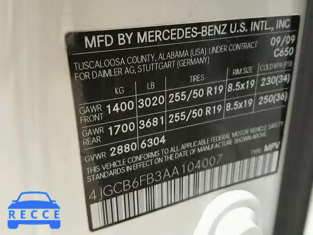 2010 MERCEDES-BENZ R 350 4MAT 4JGCB6FB3AA104007 зображення 9