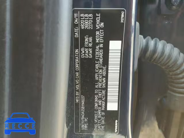 2011 VOLVO S80 3.2 YV1940AS5B1148227 image 9