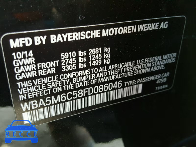 2015 BMW 550 IGT WBA5M6C58FD086046 зображення 9