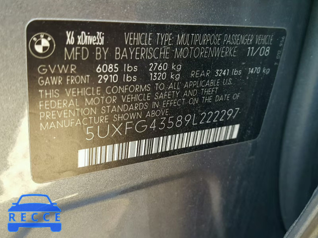 2009 BMW X6 XDRIVE3 5UXFG43589L222297 image 9