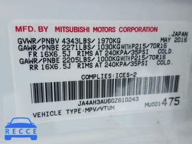 2016 MITSUBISHI RVR SE JA4AH3AU6GZ610243 image 9