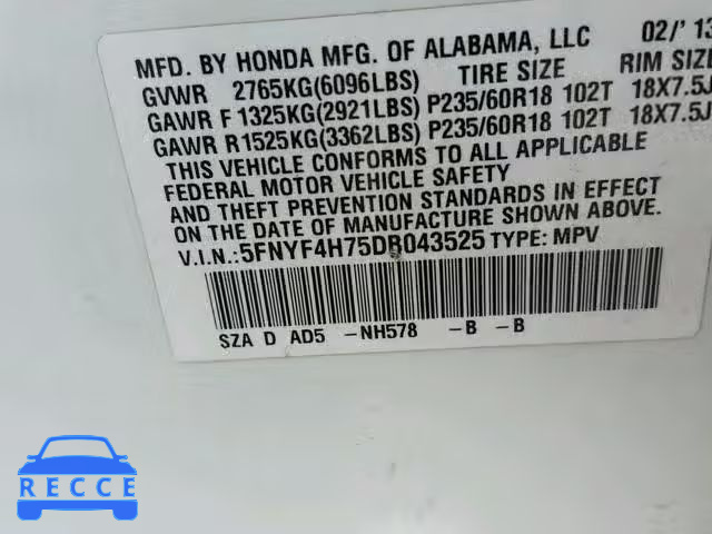 2013 HONDA PILOT EXLN 5FNYF4H75DB043525 image 9