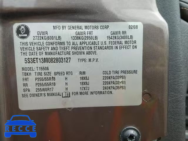 2008 SAAB 9-7X 5.3I 5S3ET13M082803127 зображення 9