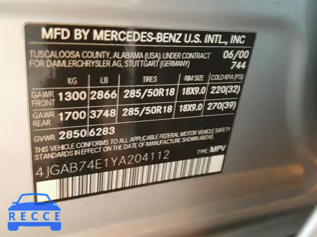 2000 MERCEDES-BENZ ML 55 4JGAB74E1YA204112 image 9